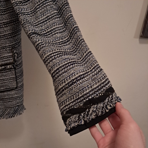 White House Black Market Blazer Jacket Women's 14 Blue Tweed Fringe Chain Formal - Picture 3 of 10